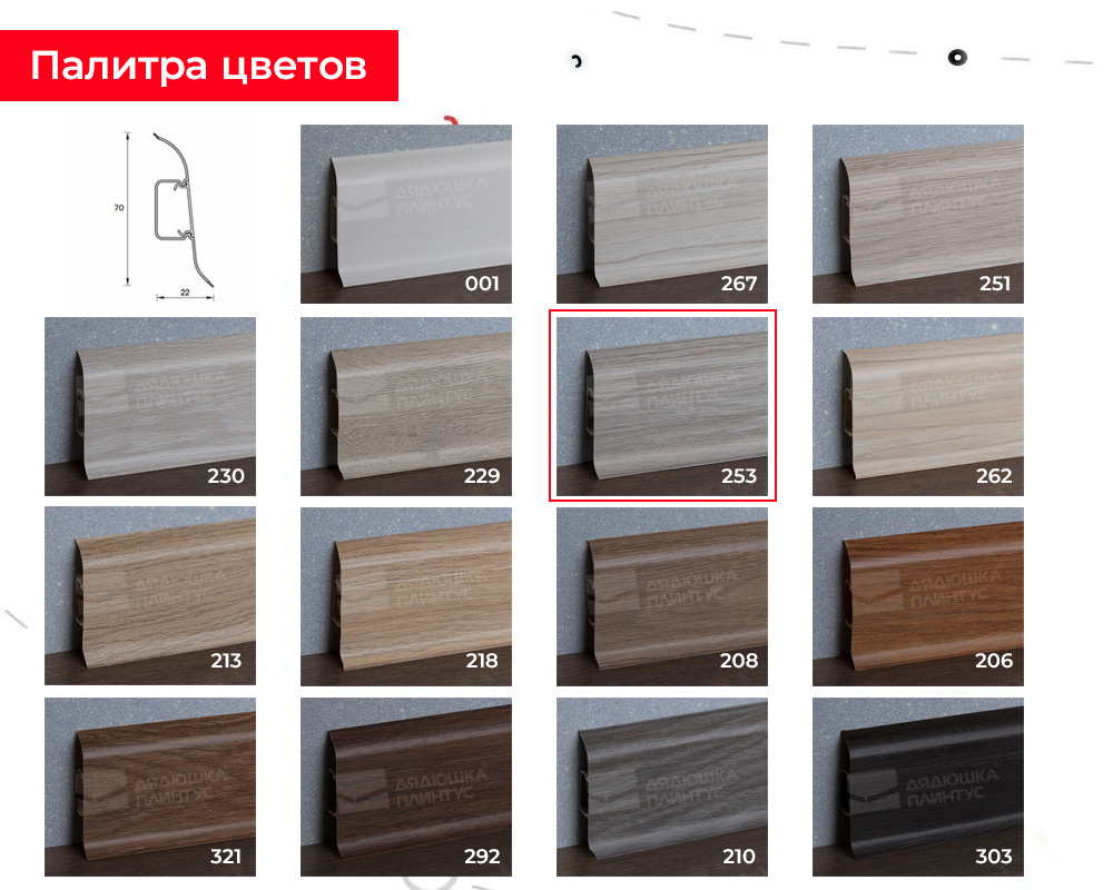 Плинтус ПВХ Идеал Классик 70мм 2,2м 253 Ясень серый